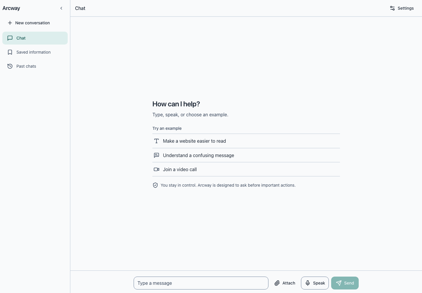 Arcway desktop chat screen with navigation and guided prompt examples
