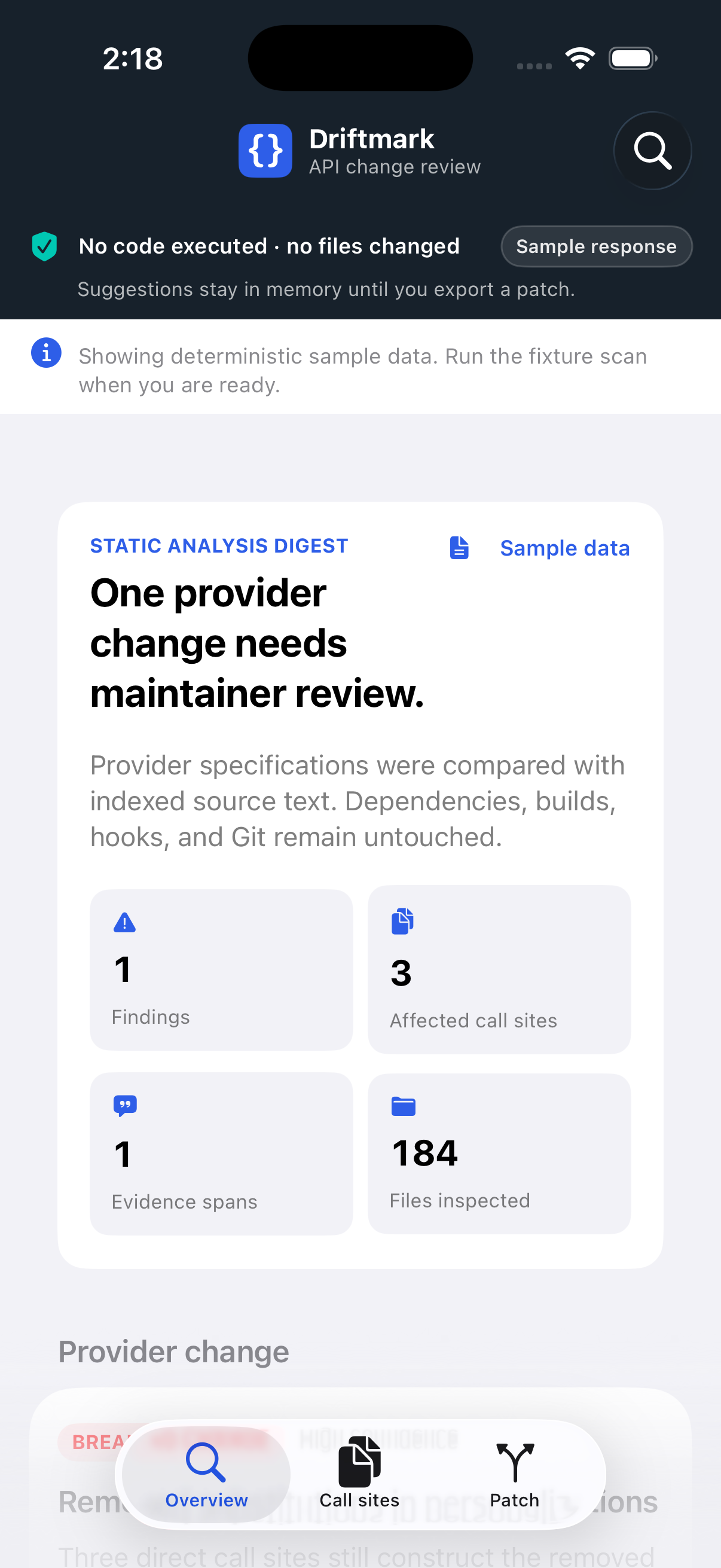 Driftmark iPhone overview showing an API change finding