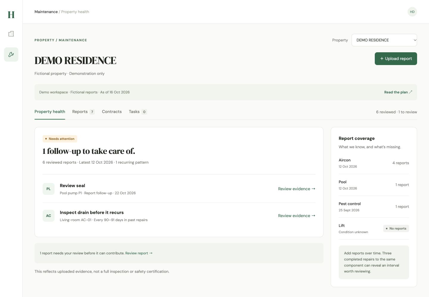 Hestello property health prototype with sample maintenance reports