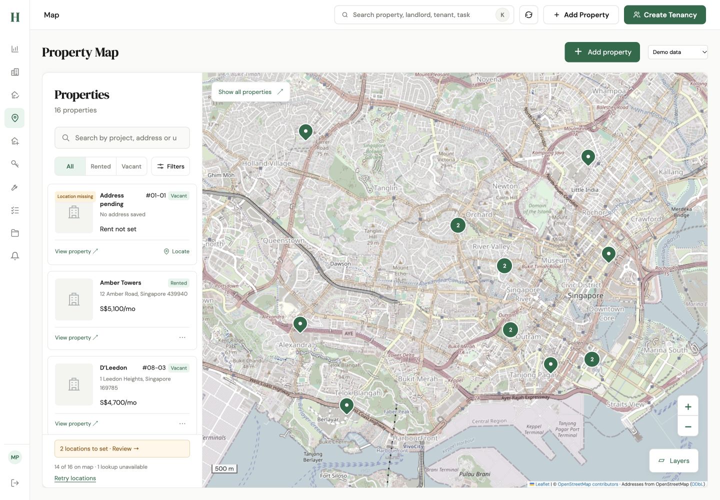 Hestello property map with synthetic Singapore portfolio data