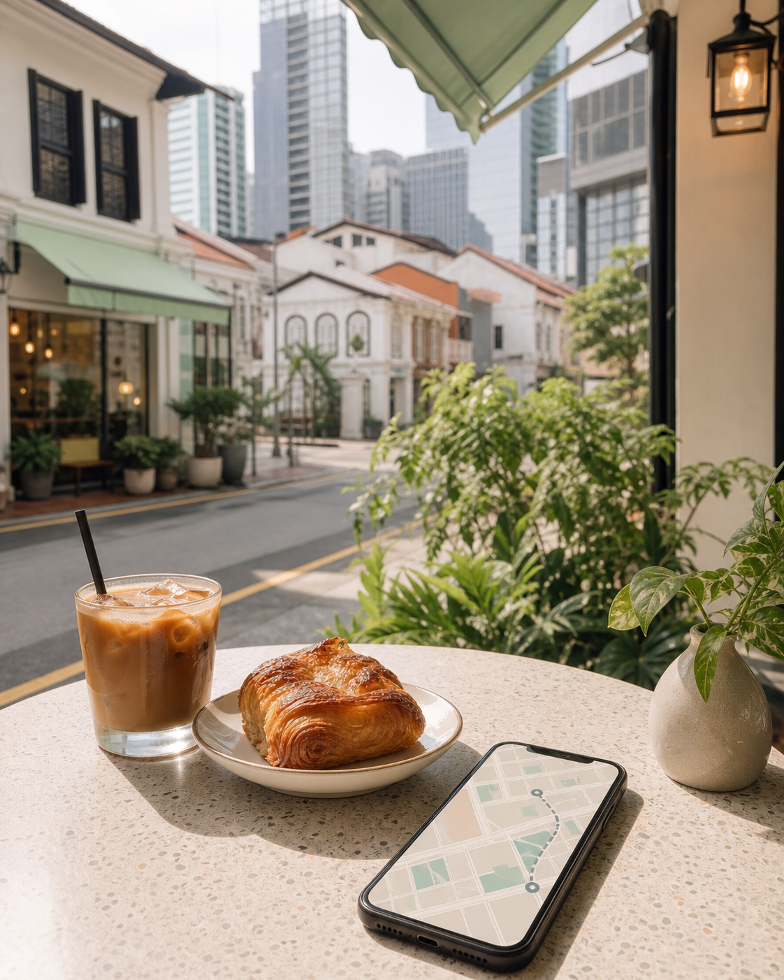Jalan Jalan route plan shown on a phone at a Singapore cafe