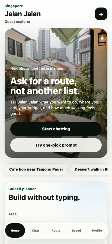 Jalan Jalan mobile home screen with neighbourhood exploration prompts