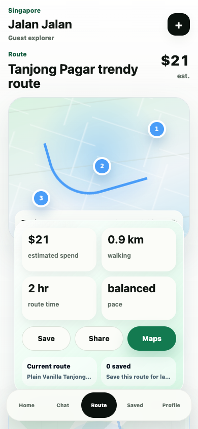 Jalan Jalan sample Tanjong Pagar route with estimated spend and walking distance