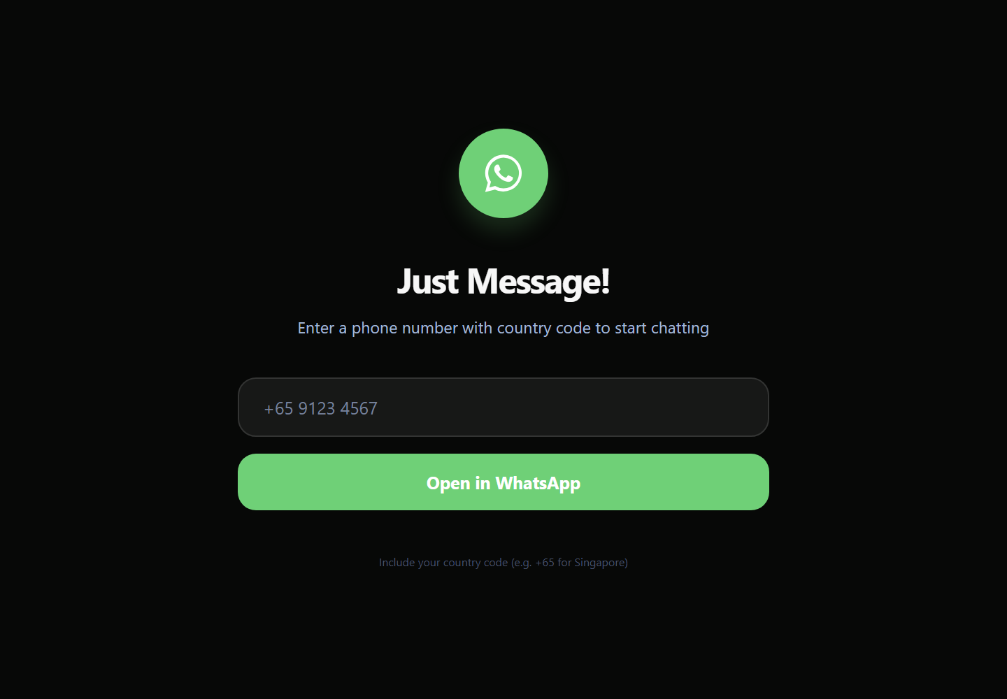 Just Message web app with a phone-number field and WhatsApp button