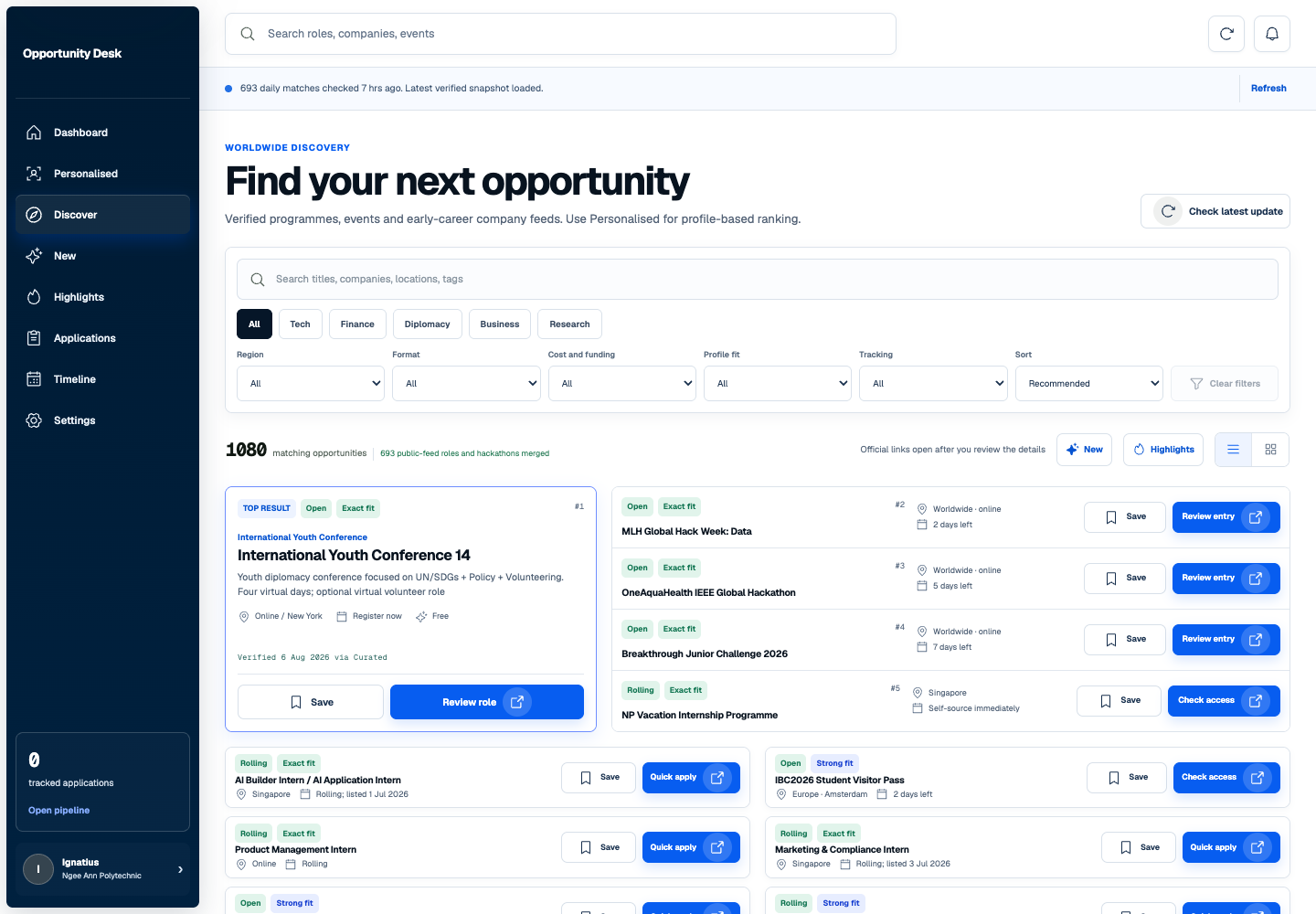 Opportunity Desk discovery page with filters and verified listings