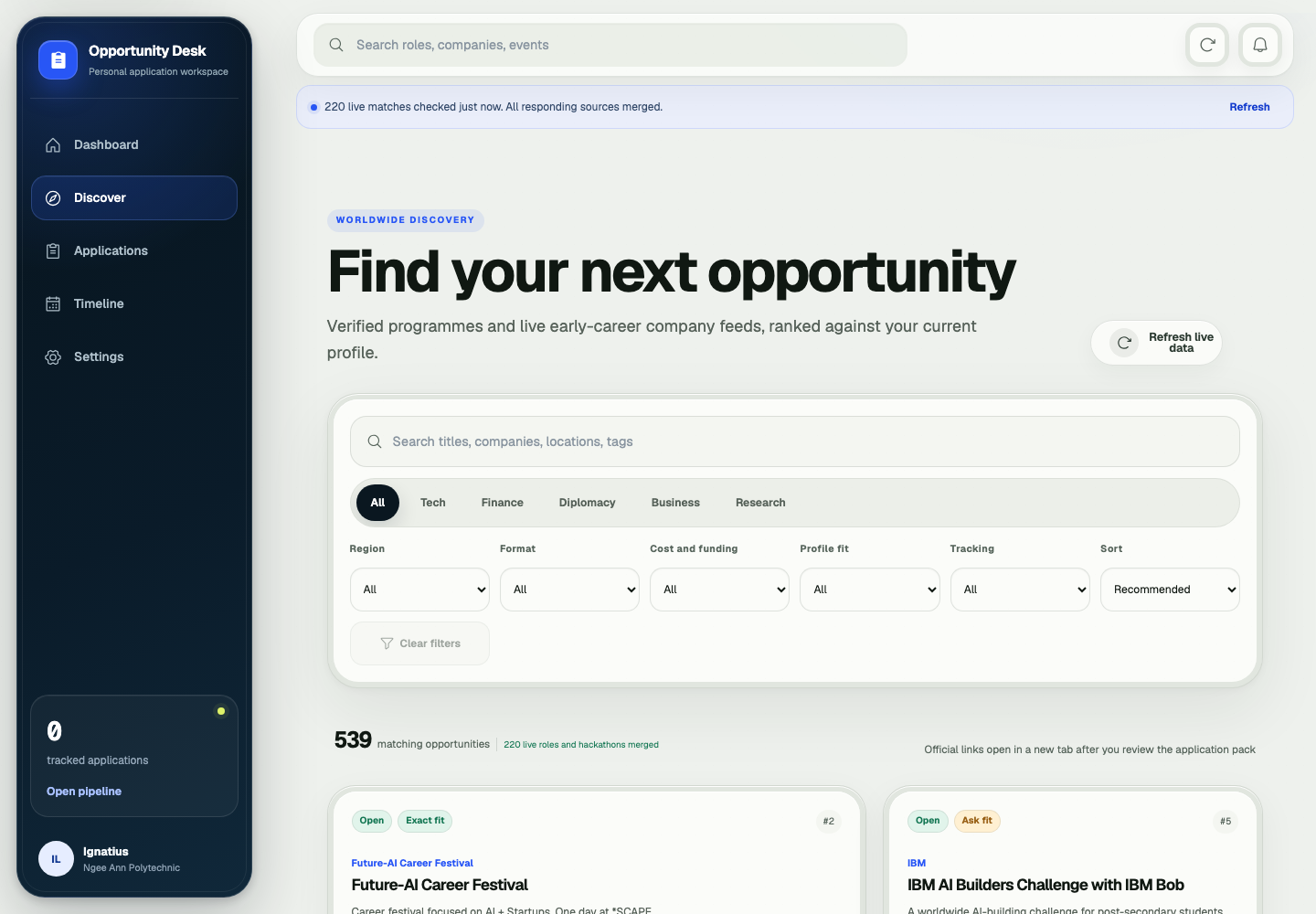 Opportunity Desk discovery page with filters and verified listings