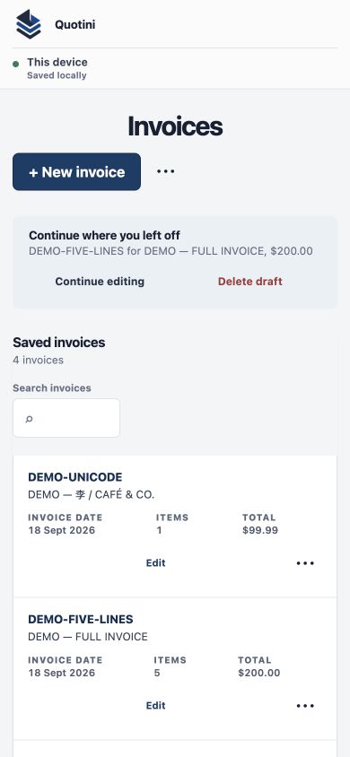 Quotini mobile invoice history with sample invoices