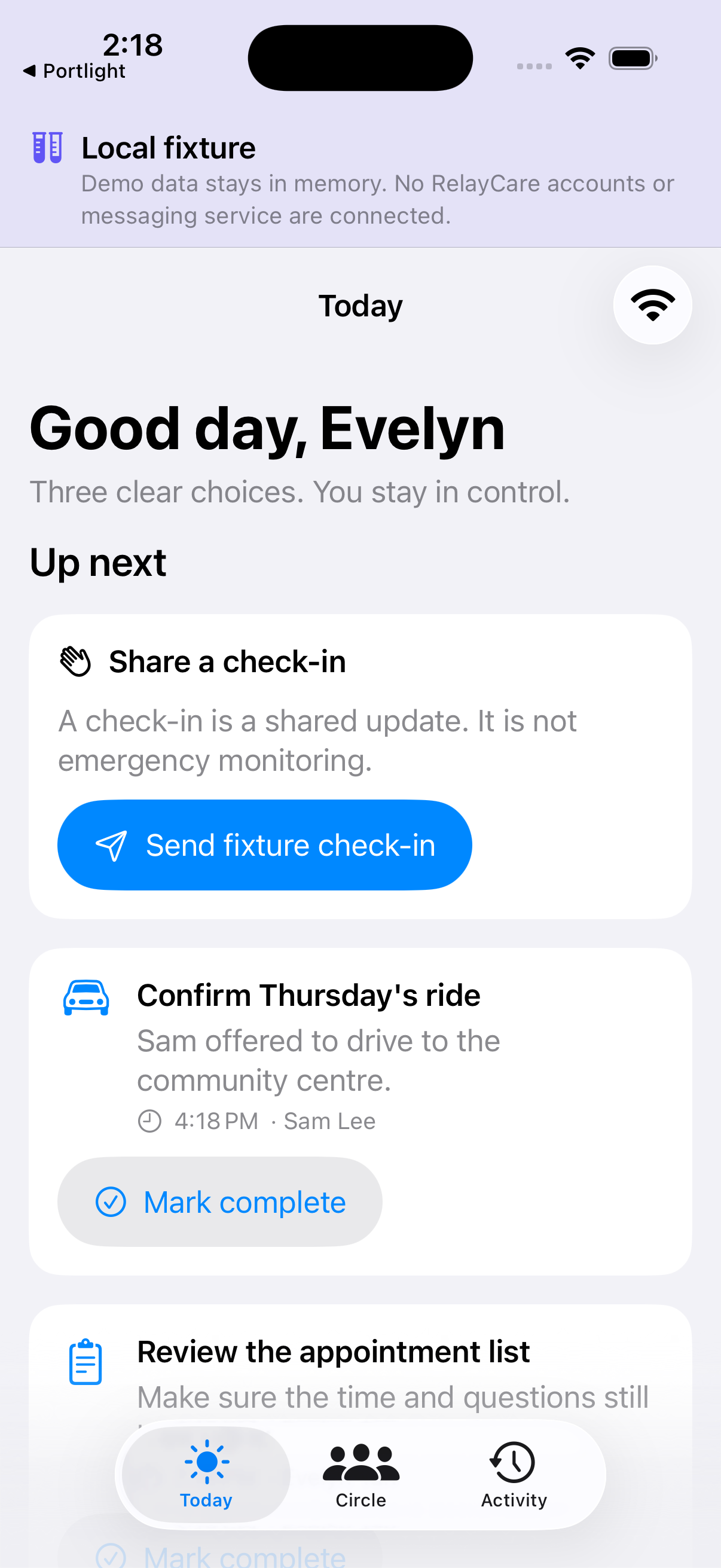 RelayCare iPhone Today screen with family coordination tasks
