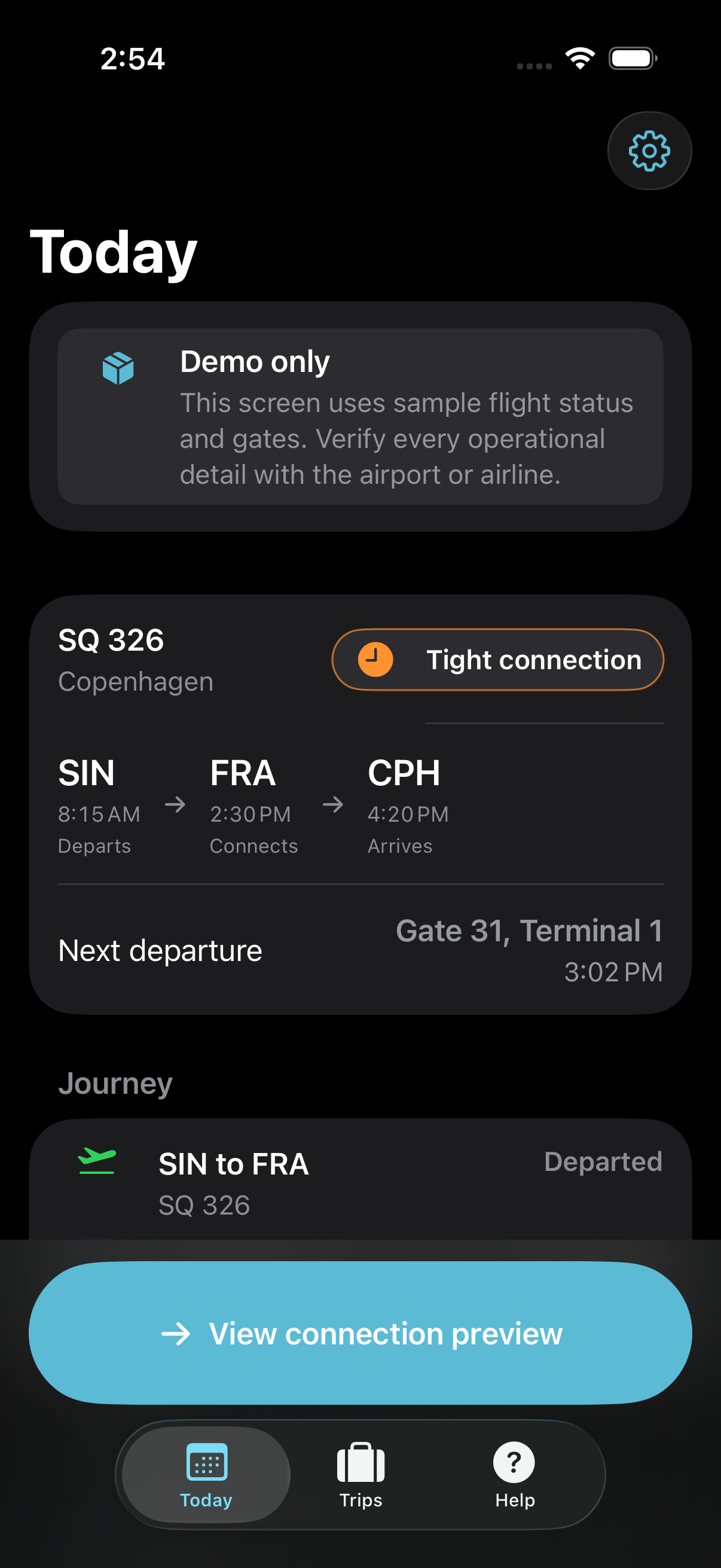 Steady dark-mode iPhone screen with sample flight guidance