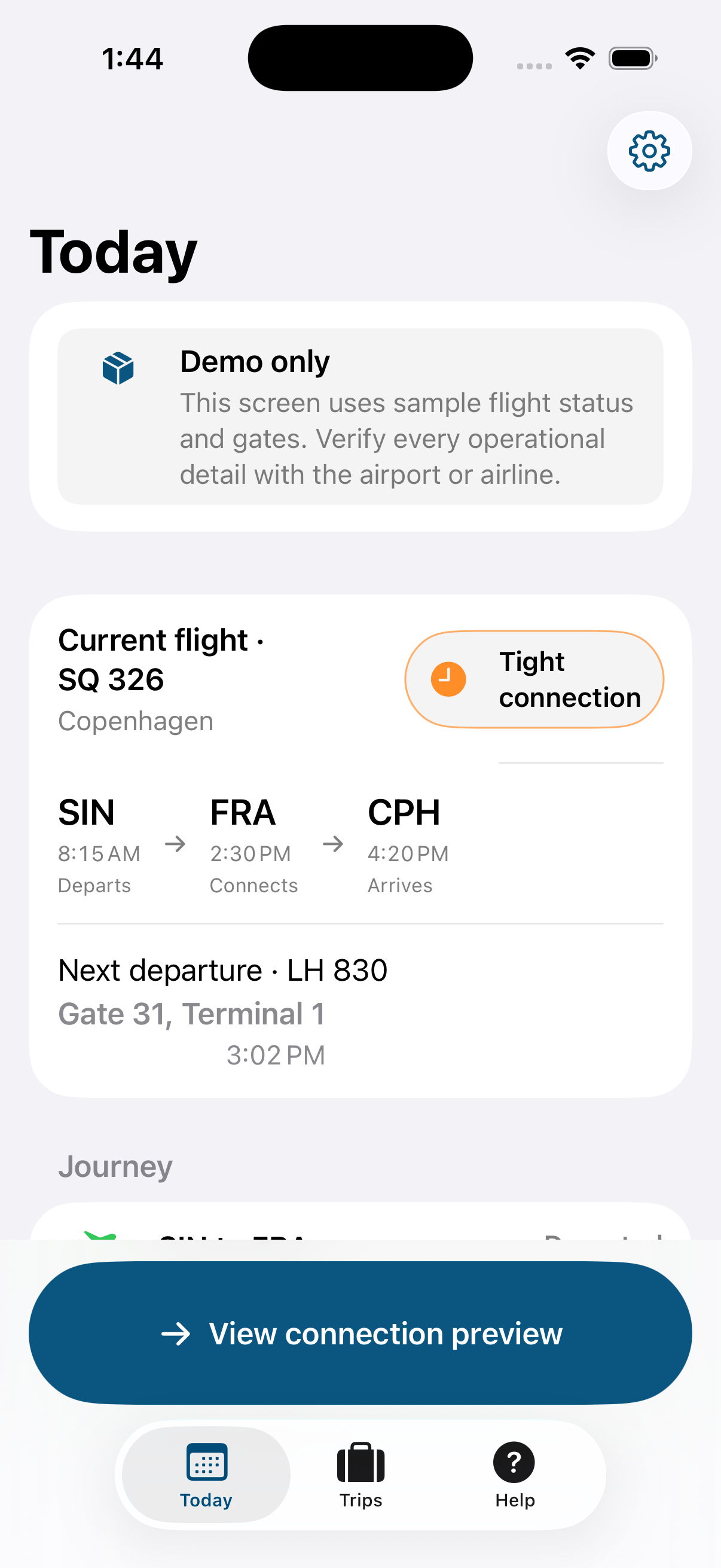 Steady iPhone Today screen showing a tight flight connection