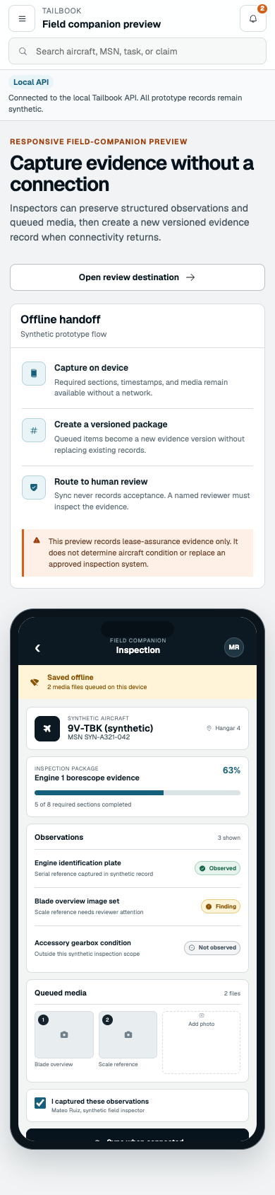 Tailbook mobile field companion inspection workflow