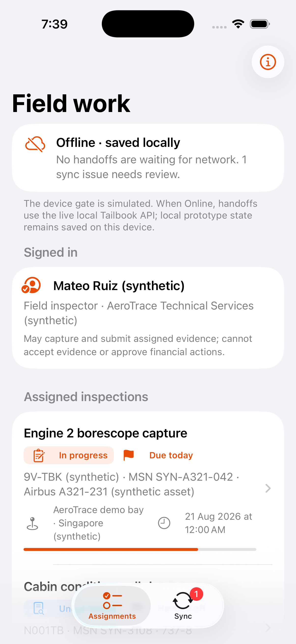 Tailbook native iPhone field companion with synthetic assigned inspections and offline status